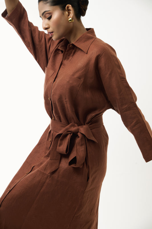 Brick Brown Dress With Belt