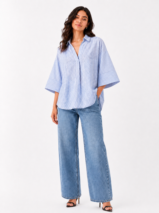 Sky blue stripe v neck shirt