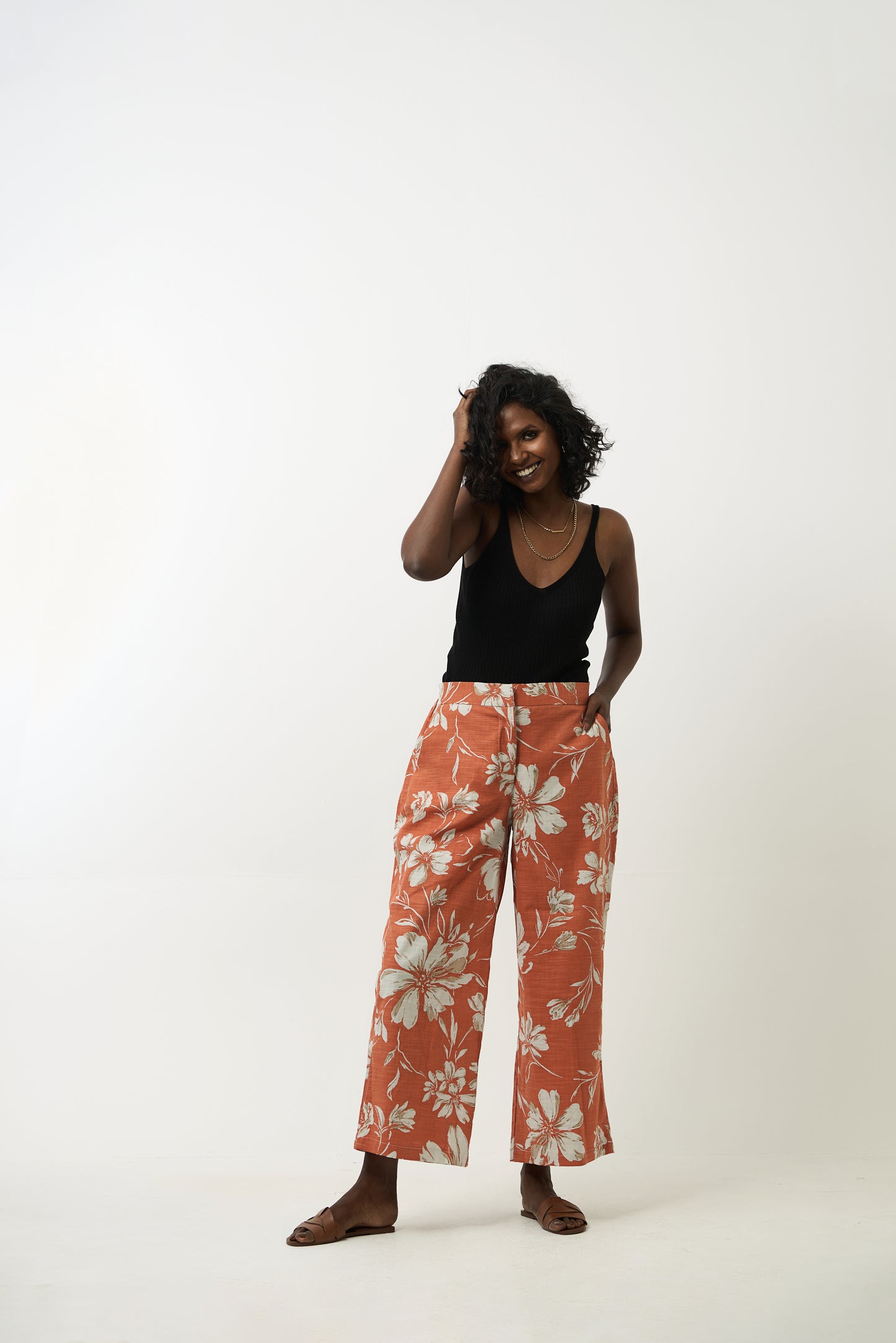 Burnt orange floral straight pant