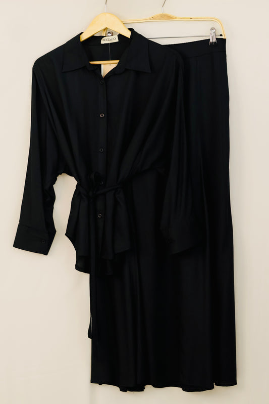 Black cotton silk skirt shirt set